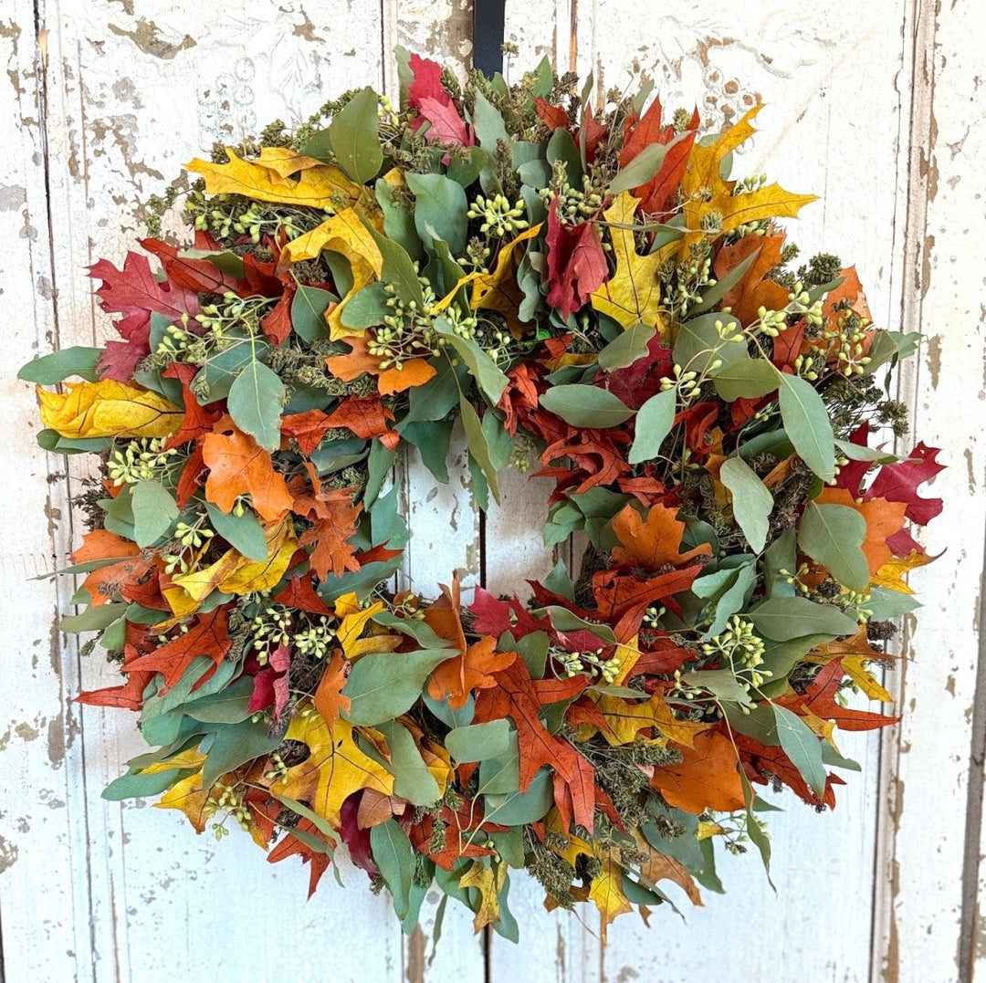 Autumn Leaves and Eucalyptus Wreath - Creekside Farms A beautiful combination of fresh eucalyptus, autumn leaves wreath 18"/22"/28"