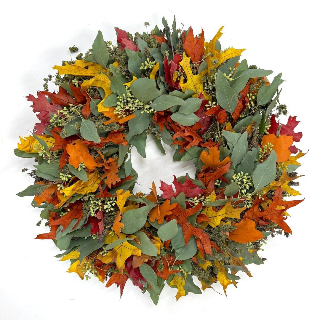 Autumn Leaves and Eucalyptus Wreath - Creekside Farms A beautiful combination of fresh eucalyptus, autumn leaves wreath 18"/22"/28"