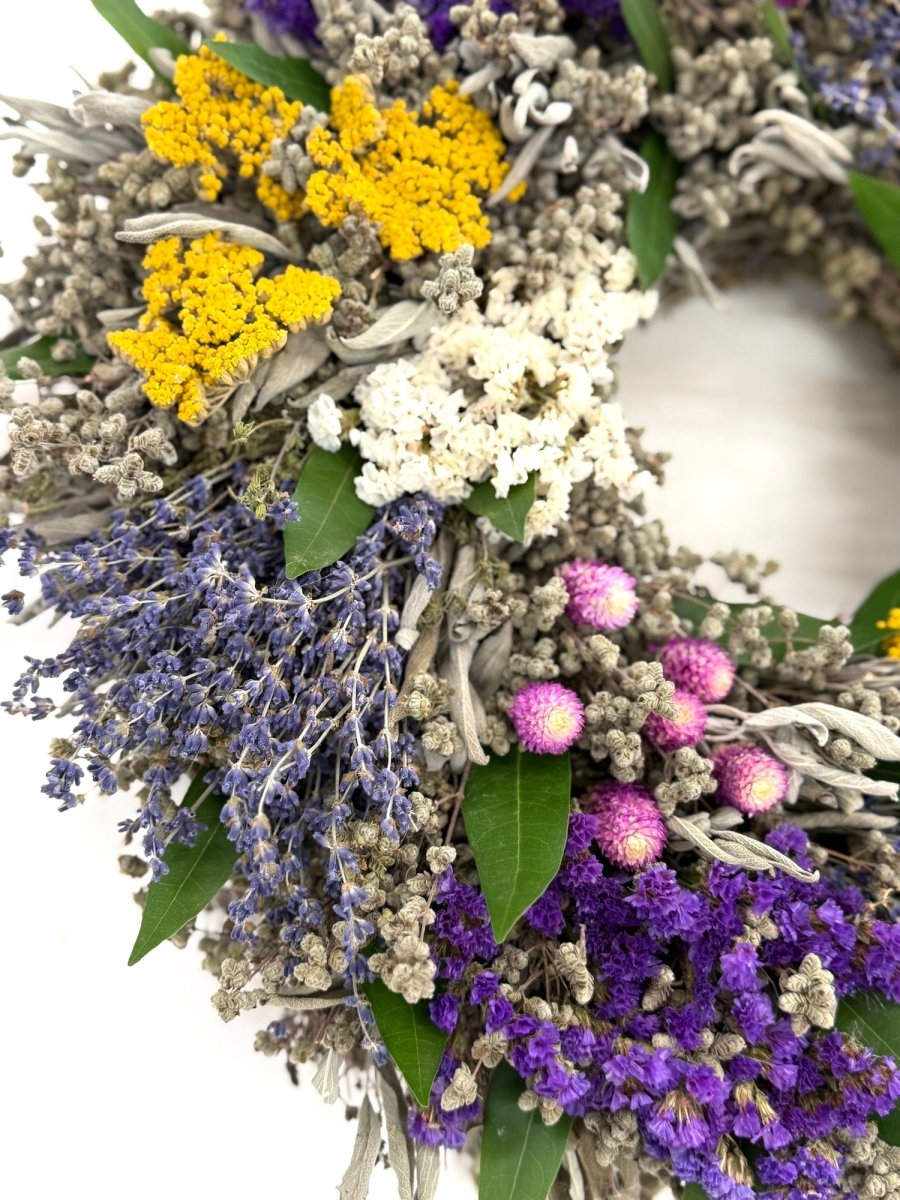 Blooms Wreath - Creekside Farms A splendid combination of herbs and flowers make this cheerful wreath 16" or 20"