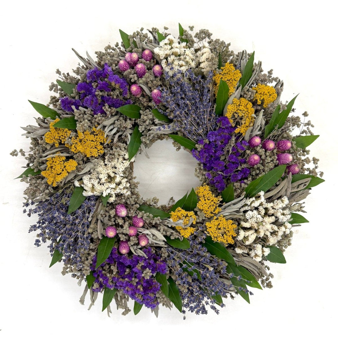 Blooms Wreath - Creekside Farms A splendid combination of herbs and flowers make this cheerful wreath 16" or 20"