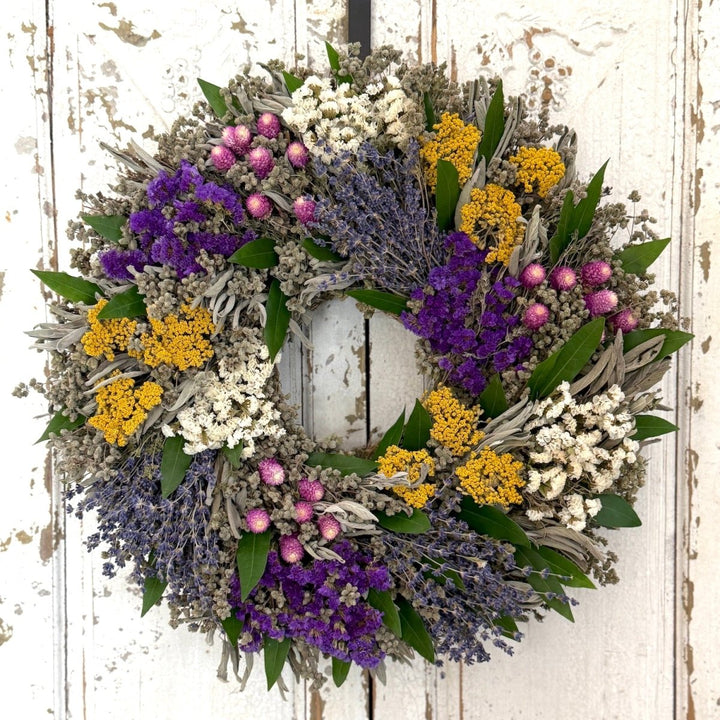 Blooms Wreath - Creekside Farms A splendid combination of herbs and flowers make this cheerful wreath 16" or 20"