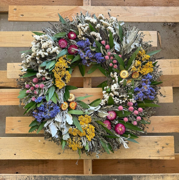 Burst of Flowers Wreath - Creekside Farms Handmade with sweet herbs yarrow, strawflowers, globe amaranth and statice wreath 16"/20"/26"