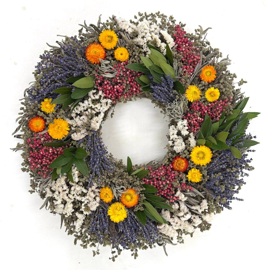 Carols Commemorative Wreath - Creekside Farms A beautiful combination of herbs, lavender, pepperberries and statice designed to honor Carol's legacy and represent key moments in Creekside Farms history.