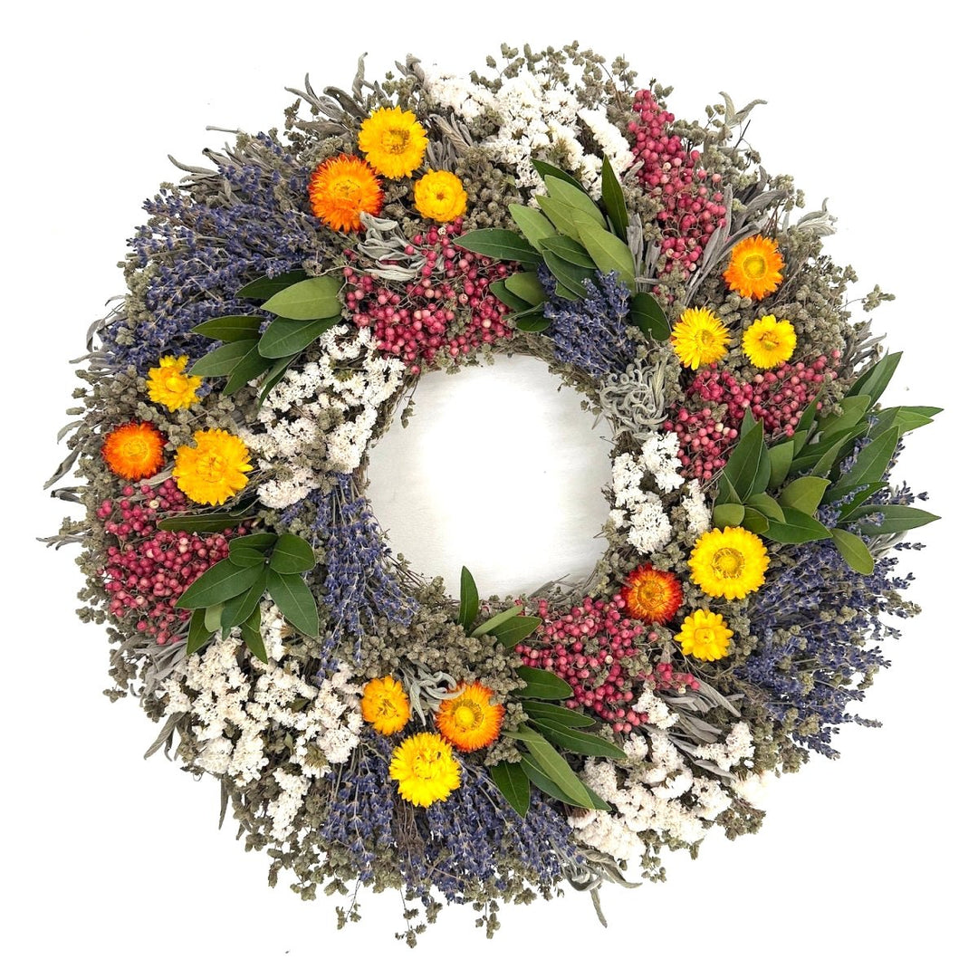 Carols Commemorative Wreath - Creekside Farms A beautiful combination of herbs, lavender, pepperberries and statice designed to honor Carol's legacy and represent key moments in Creekside Farms history. 16"/18"/22"