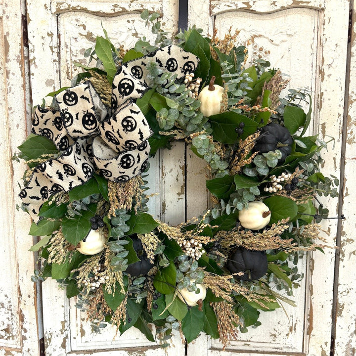 Classic Halloween Wreath - Creekside Farms Classic Halloween wreath with eucalyptus, broom corn and black and white accents 18"/22"