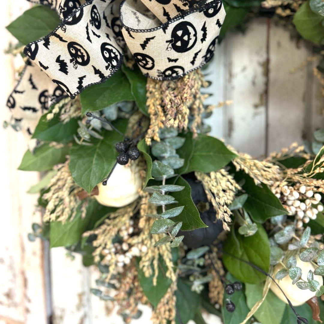 Classic Halloween Wreath - Creekside Farms Classic Halloween wreath with eucalyptus, broom corn and black and white accents 18"/22"