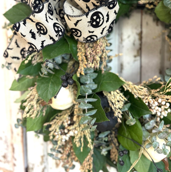 Classic Halloween Wreath - Creekside Farms Classic Halloween wreath with eucalyptus, broom corn and black and white accents 18"/22"