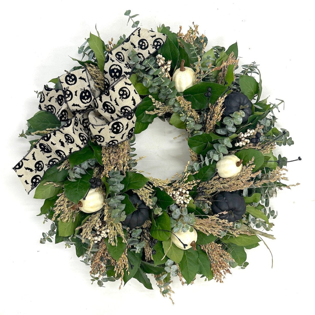 Classic Halloween Wreath - Creekside Farms Classic Halloween wreath with eucalyptus, broom corn and black and white accents 18"/22"