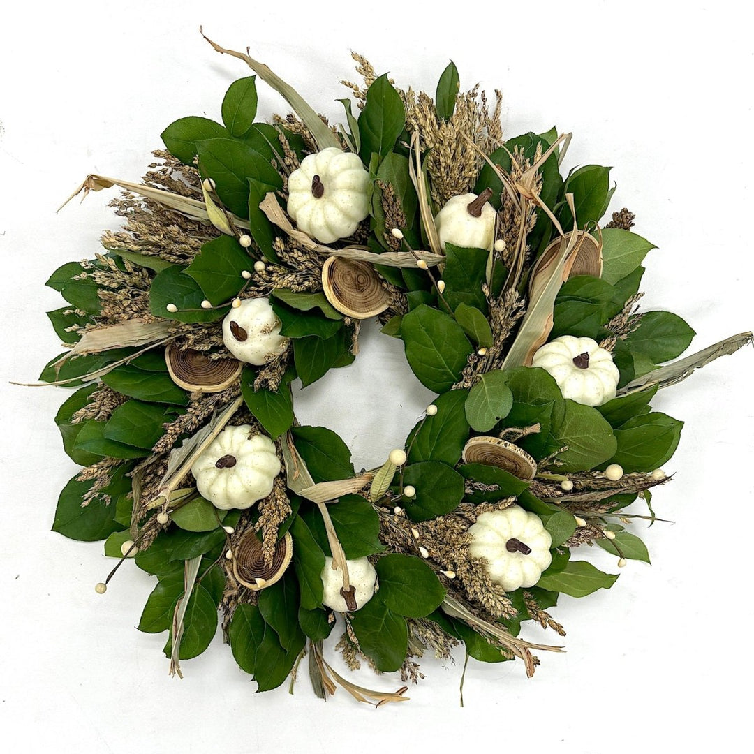 Classic White Pumpkins and Grains Wreath - Creekside Farms Fall grains and fresh salal with white faux pumpkins and berries wreath 20"