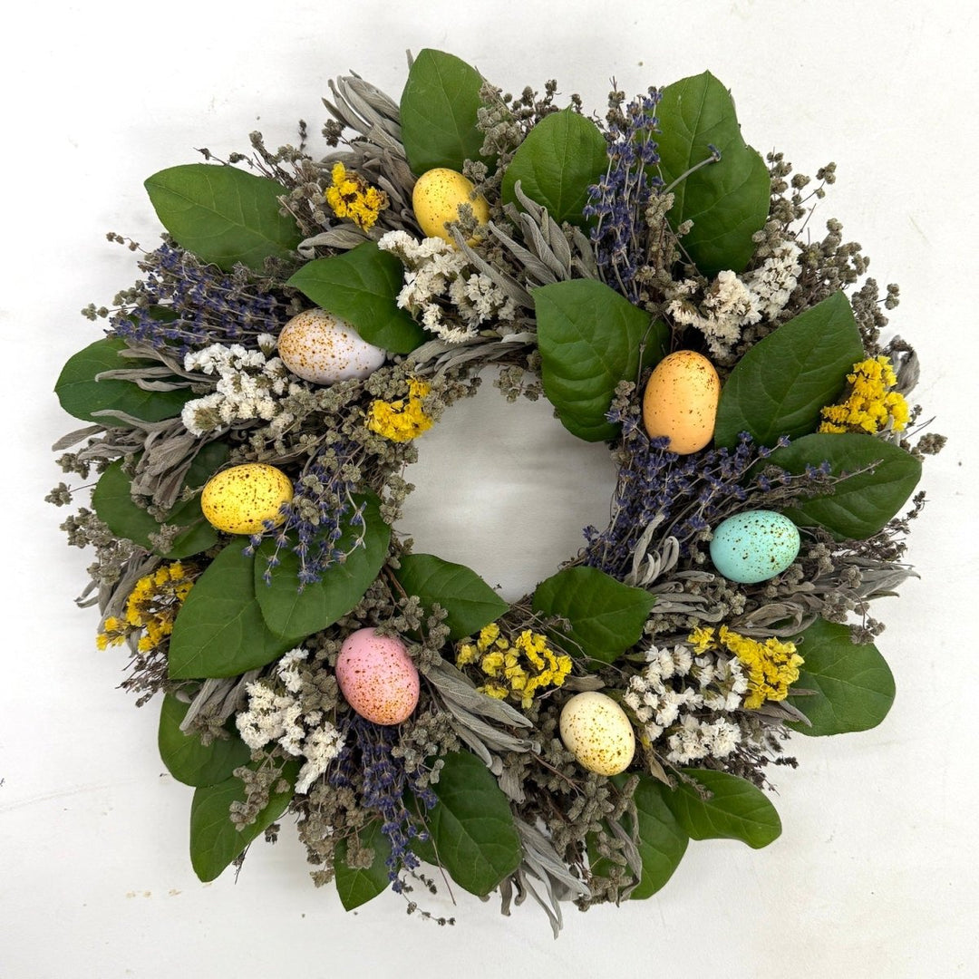 Delightful Easter Wreath - Creekside Farms Vibrant faux eggs are tucked into spring herbs and accented with fresh leaves in this Easter Wreath 18"