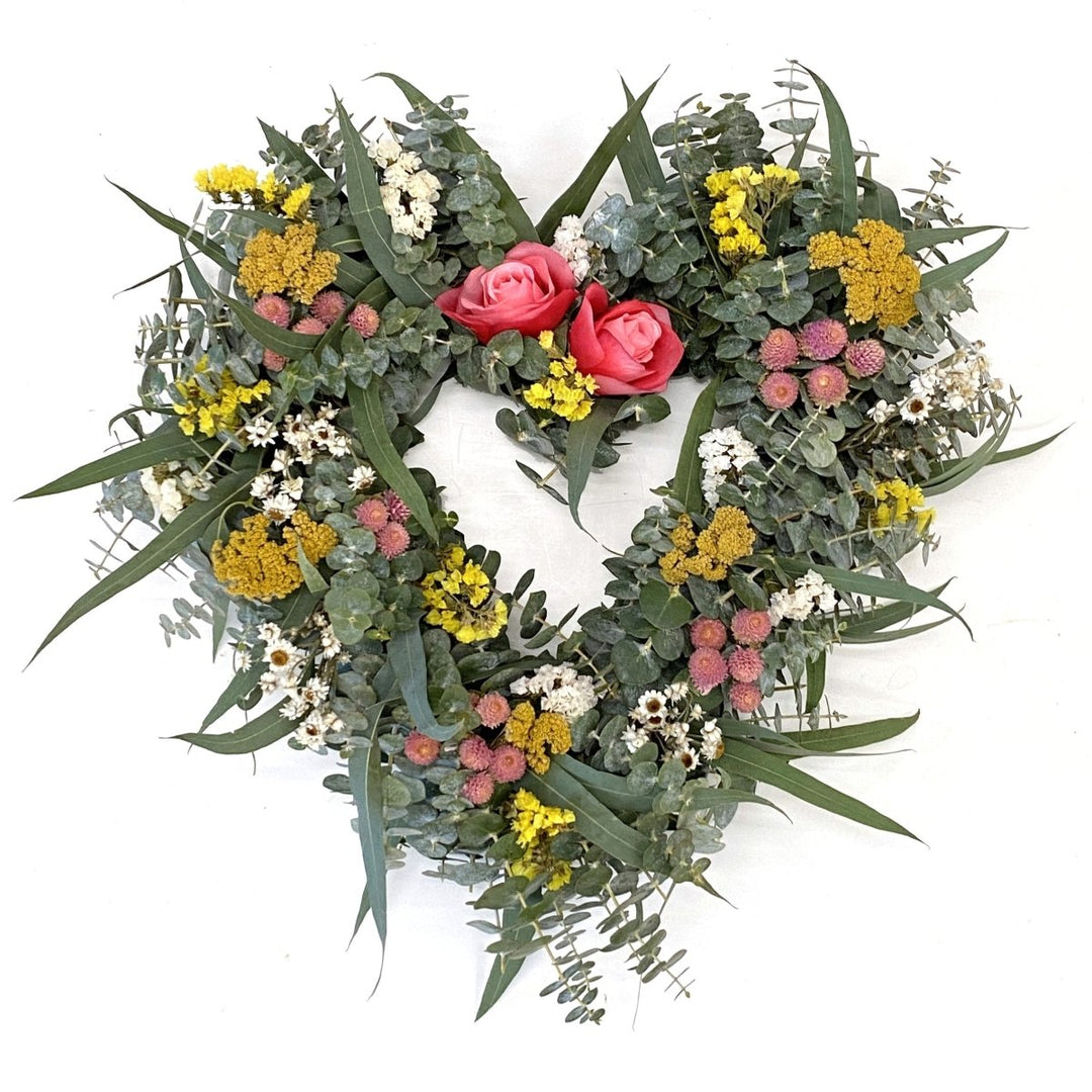 Eucalyptus Floral Heart - Creekside Farms A mixture of fresh eucalyptus & dried florals heart wreath 18"