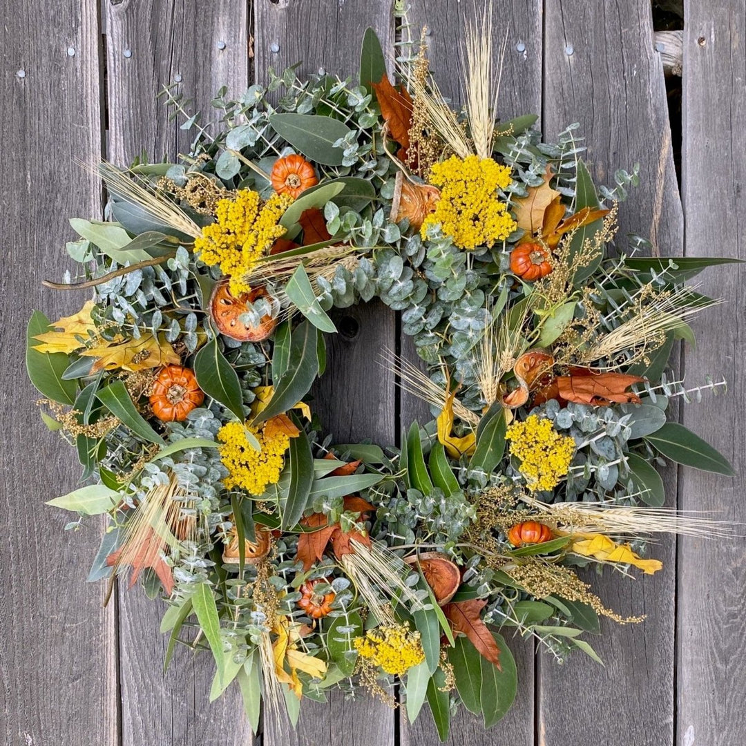 Fresh and Fragrant Wreath - Creekside Farms Eucalyptus, bay, quince slices, peppers, sweet Annie, leaves, wheat & willow wreath 16"/18"/22"/30"