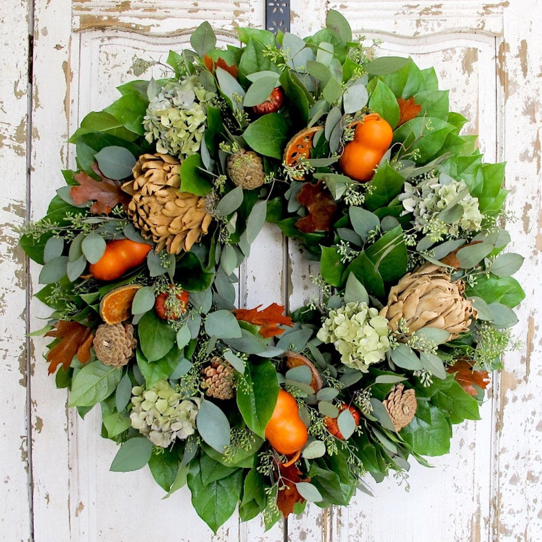 Fresh Artichoke Wreath - Creekside Farms A beautiful combination of fresh salal, eucalyptus and autumn leaves with hydrangea, gourds and quince wreath 22"