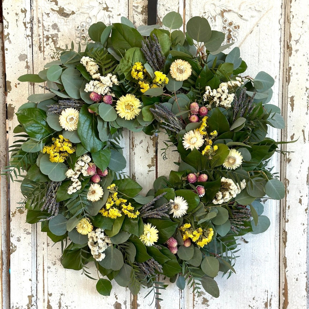 Fresh Floral Wreath - Creekside Farms A perfect combination of fresh foliage, dried flowers and lavender sprigs make this cheerful wreath 16" & 20"