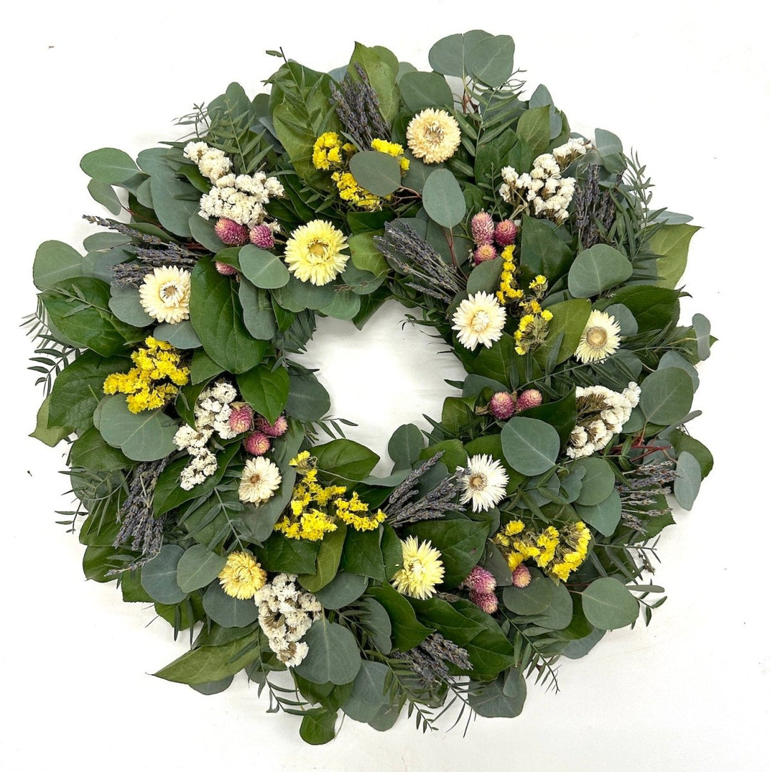 Fresh Floral Wreath - Creekside Farms A perfect combination of fresh foliage, dried flowers and lavender sprigs make this cheerful wreath 16" & 20"