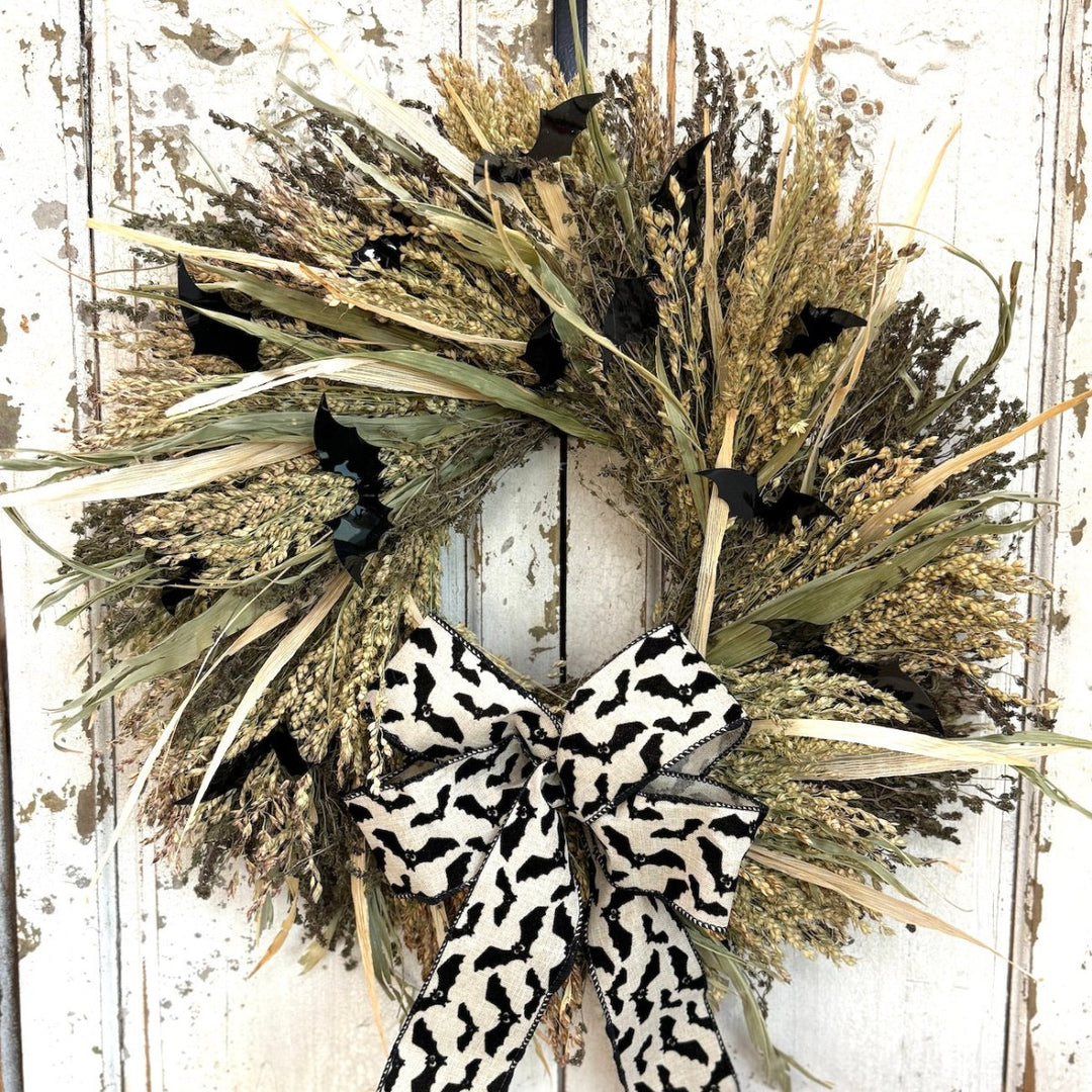 Halloween Bat Wreath - Creekside Farms Fluttering bats on an airy base of autumn grains and herbs wreath 20"