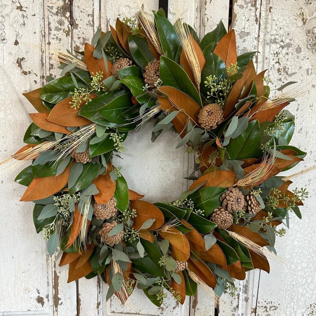 Magnolia Wheat Wreath - Creekside Farms Fresh magnolia & eucalyptus with dried wheat and pine cones wreath 20"/22"