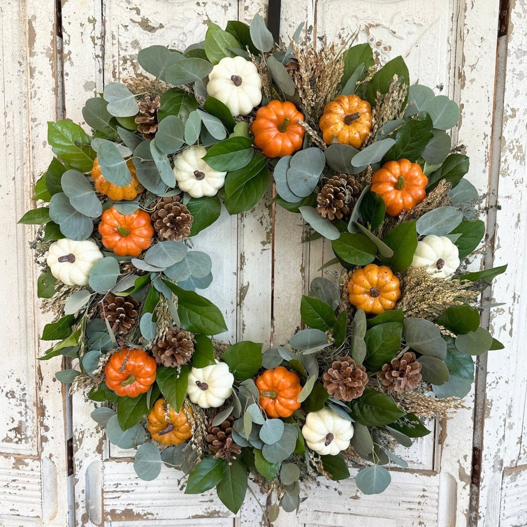 Pumpkin Patch Wreath - Creekside Farms Fall grains and fresh salal with white and orange faux pumpkins wreath 22"/26"