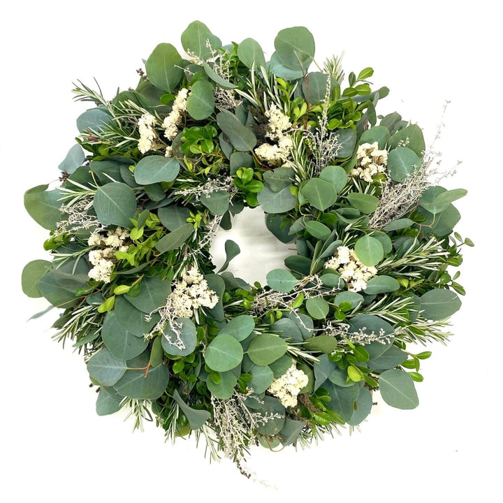 Sentiments Wreath - Creekside Farms Lush fresh wreath made with rosemary, eucalyptus, and boxwood and white blooms 18"/22"