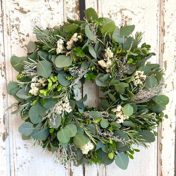 Sentiments Wreath - Creekside Farms Lush fresh wreath made with rosemary, eucalyptus, and boxwood and white blooms 18"/22"