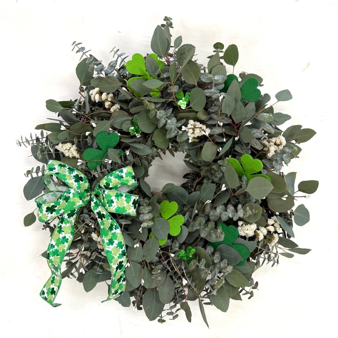 Shamrock Wreath - Creekside Farms Bold St. Patrick's Day ribbon and shiny shamrocks with fresh eucalyptus wreath 20"