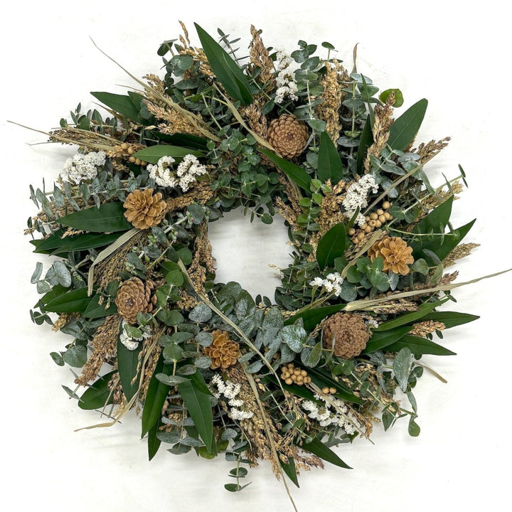 Soothing Fall Wreath - Creekside Farms A beautiful combination of fresh greens, autumn grains, pine cones, berries and statice wreath 18"/22"