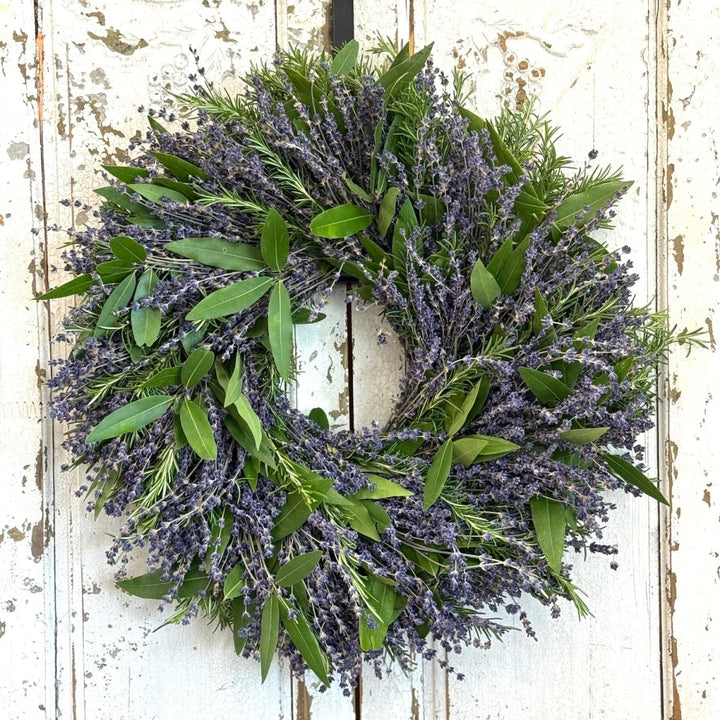 Fragrant Lavender, Rosemary and Bay Wreath - Creekside Farms Classic Wreath made with dried lavender, fresh rosemary and bay available in 14"/18"/22" 