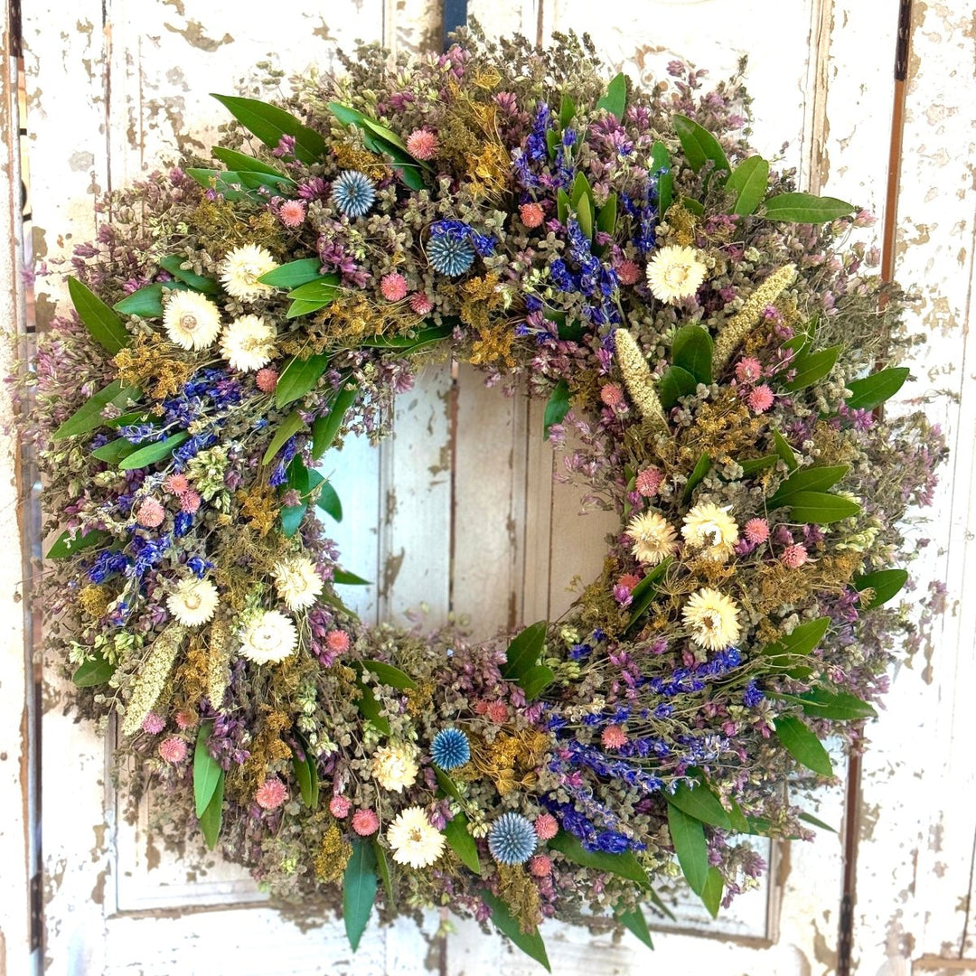 Spring Fling Wreath - Creekside Farms Mixture of Strawflowers, thistles, globes, larkspur, dill & fresh bay wreath 18"/22"