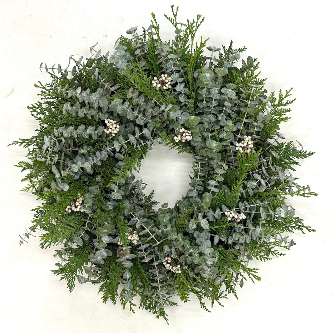 Winter Eucalyptus Tallowberry Wreath - Creekside Farms An abundance of fresh eucalyptus and cedar with tallowberries wreath 18"/22"