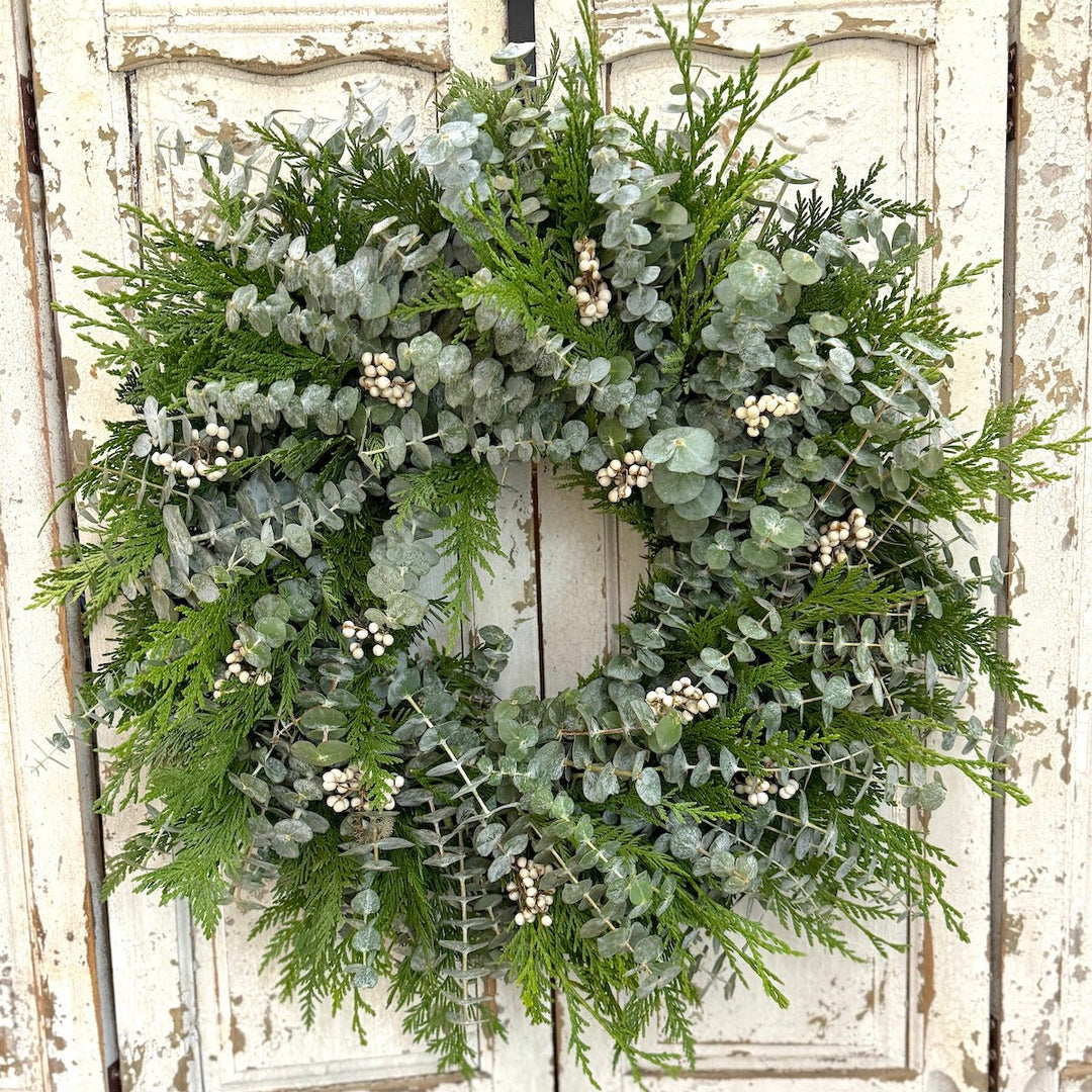 Winter Eucalyptus Tallowberry Wreath - Creekside Farms An abundance of fresh eucalyptus and cedar with tallowberries wreath 18"/22"