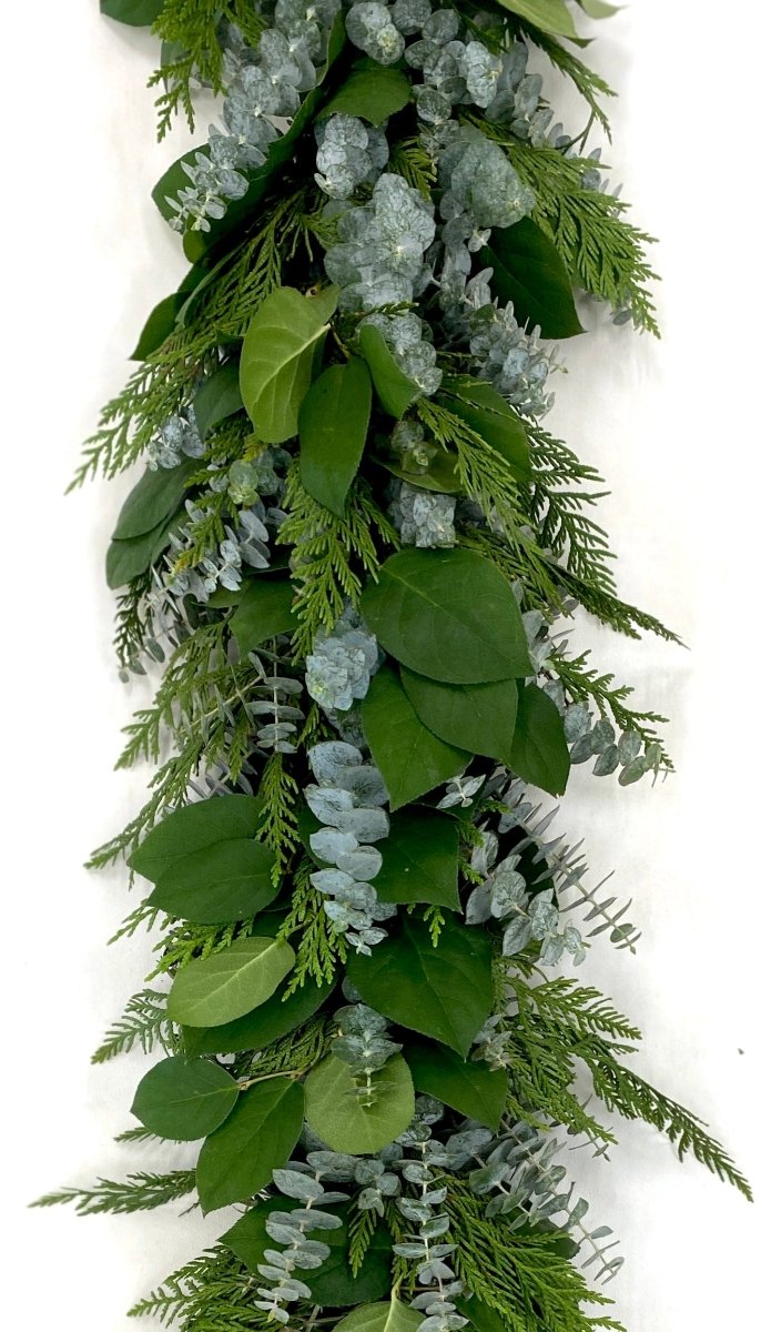 Winter Greens Garland 6' - Creekside Farms A beautiful combination of fresh cedar, eucalyptus and salal garland 6'