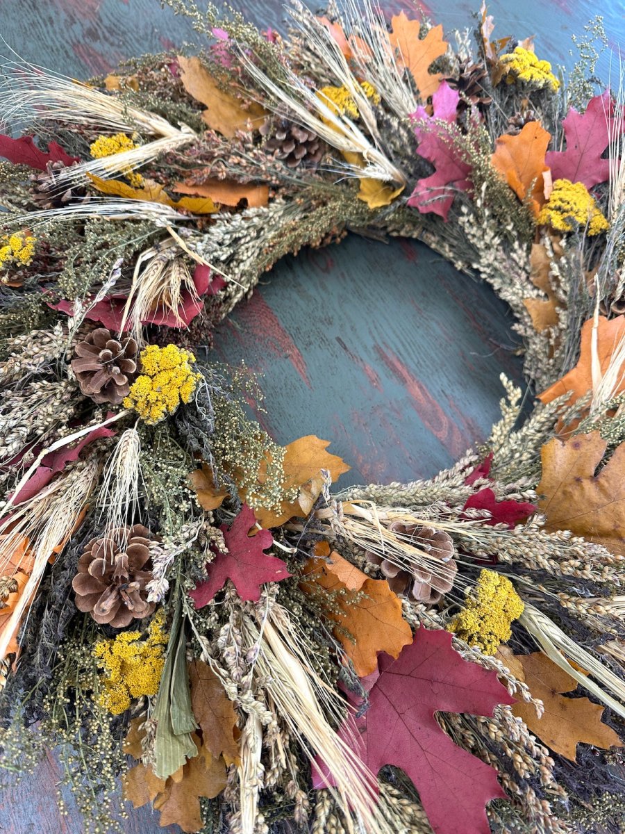 Autumn Harvest Wreath - Creekside Farms Gorgeous yarrow, pine cones, broom corn, grains, sweet Annie & leaves dried wreath 18"/22"/28"