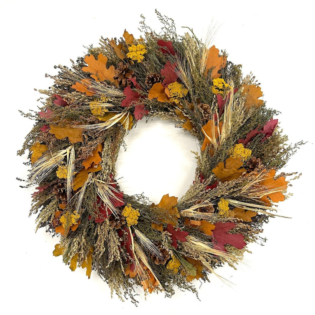 Autumn Harvest Wreath - Creekside Farms Gorgeous yarrow, pine cones, broom corn, grains, sweet Annie & leaves dried wreath 18"/22"/28"