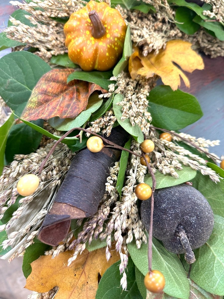 Autumn Splendor Wreath - Creekside Farms Autumn wreath made with quality faux pumpkins, wooden elements and fall leaves 18" & 22"