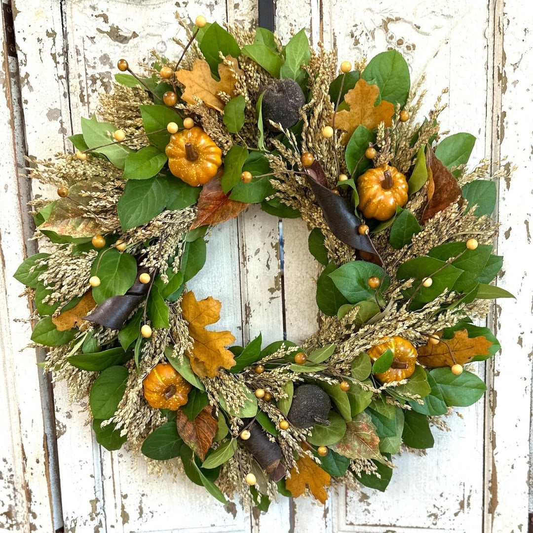 Autumn Splendor Wreath - Creekside Farms Autumn wreath made with quality faux pumpkins, wooden elements and fall leaves 18" & 22"