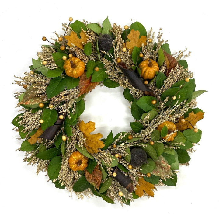 Autumn Splendor Wreath - Creekside Farms Autumn wreath made with quality faux pumpkins, wooden elements and fall leaves 18" & 22"