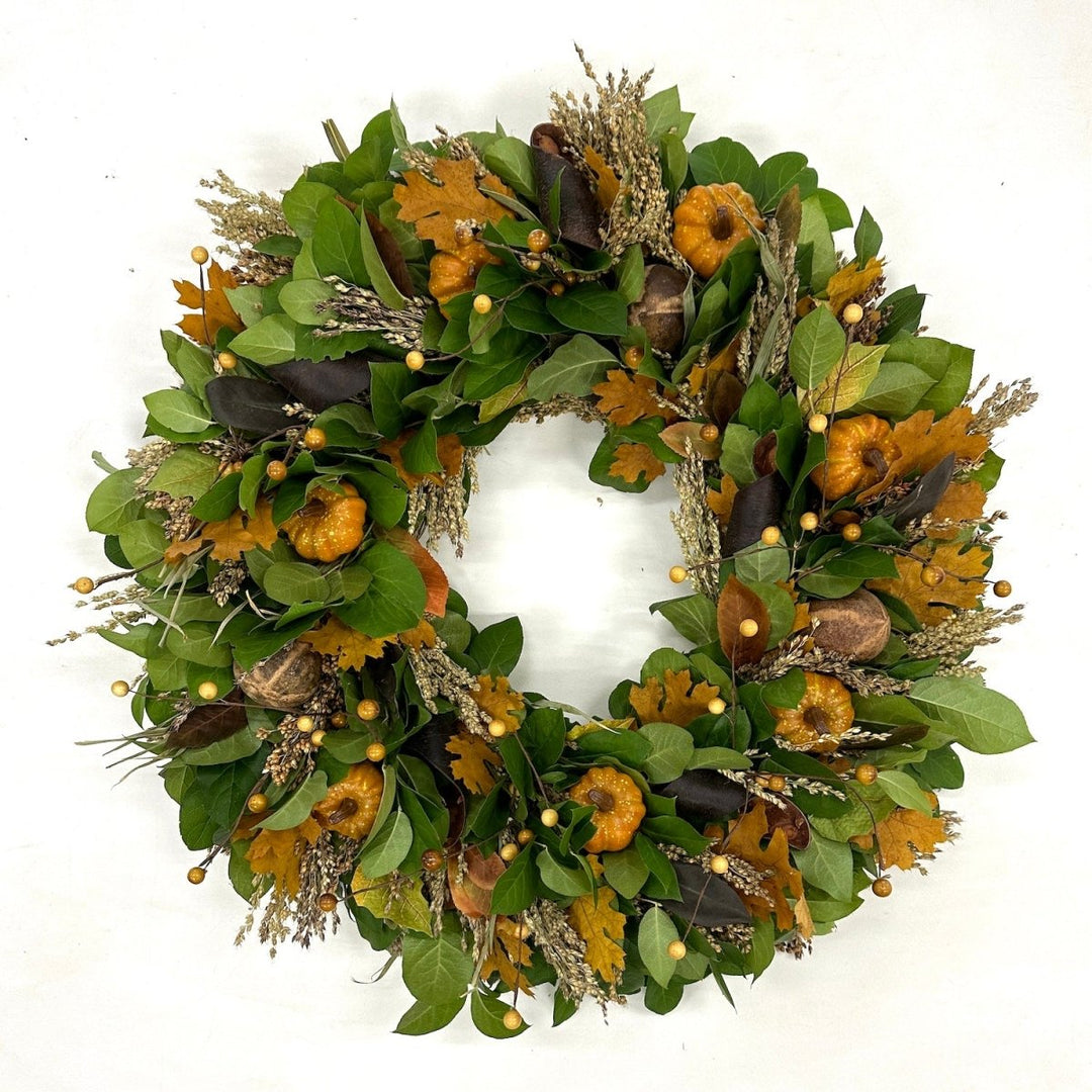 Autumn Splendor Wreath - Creekside Farms Autumn wreath made with quality faux pumpkins, wooden elements and fall leaves 18" & 22"