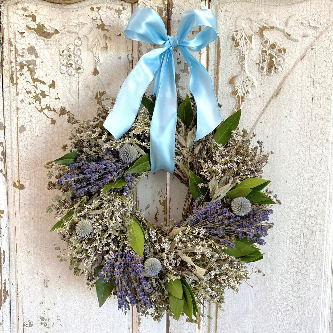 Baby Boy Wreath - Creekside Farms Lovely dried herbs, lavender, blue thistles, statice and fresh bay wreath 10"