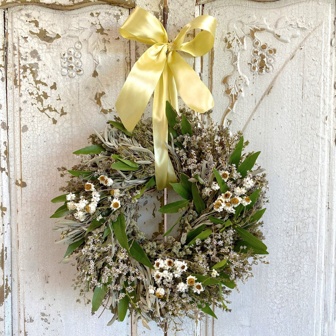 Baby Wreath - Creekside Farms Beautiful dried herbs, ammobium, statice and fresh bay wreath 10"