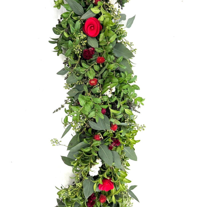 Be My Valentine Garland - Creekside Farms Elegant mix of boxwood, eucalyptus, red florals and a touch of white statice garland 6'