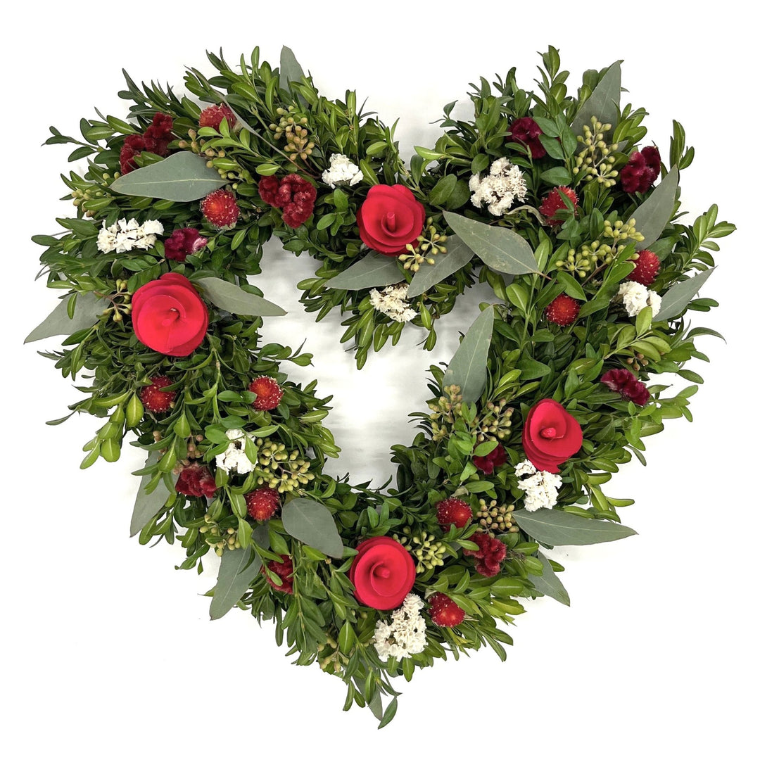 Be My Valentine Heart Wreath - Creekside Farms Elegant mix of boxwood, eucalyptus, red florals and a touch of white statice heart wreath 16"