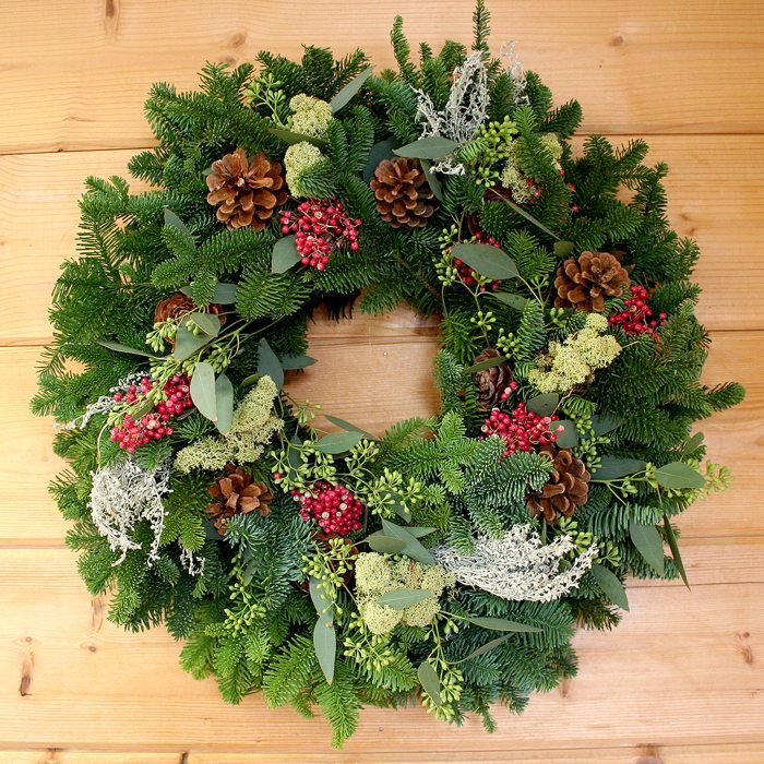 Berries & Moss Wreath - Creekside Farms Stunning fresh fir & eucalyptus with pine cones, moss, artemisia & pepper berries wreath 20"