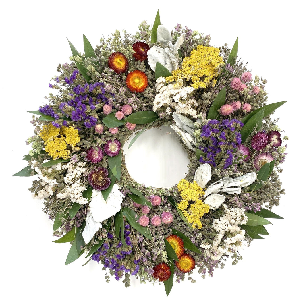 Burst of Flowers Wreath - Creekside Farms Handmade with yarrow, strawflowers, globe amaranth and statice wreath in multiple sizes