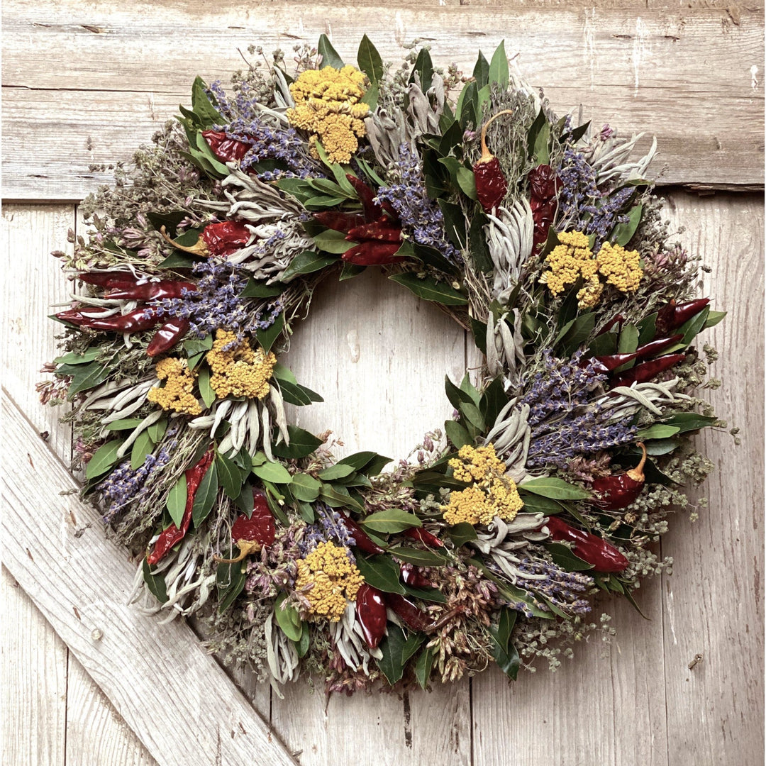 California Herb Wreath - Creekside Farms Stunning handmade wreath with dried lavender, yarrow and chilies, and fresh bay 16" or 22"