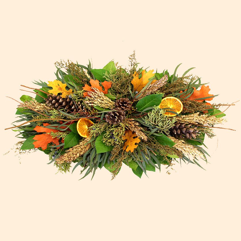 Citrus Harvest Centerpiece - Creekside Farms Handmade with eucalyptus, salal, juniper, citrus, broom corn & leaves centerpiece 23"X10"