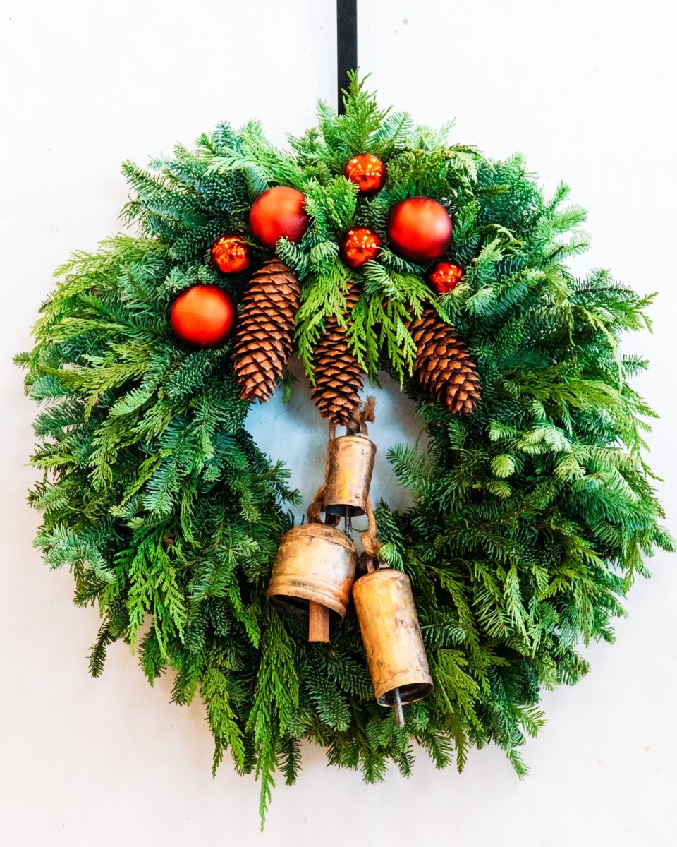 Classic Bells and Ornaments Wreath - Creekside Farms Fresh fir & cedar, accented with ornaments, pine cones and metal bells wreath 22"