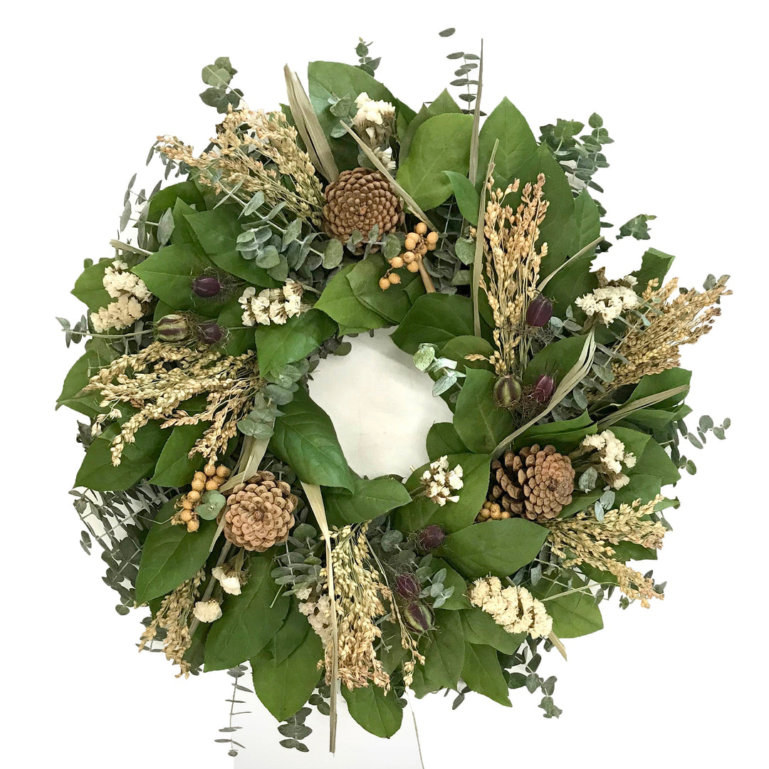 Classic Fall Wreath - Creekside Farms Subtle greenery & eucalyptus with pine cones, statice, broom corn, berries & pods wreath 18"/ 22"