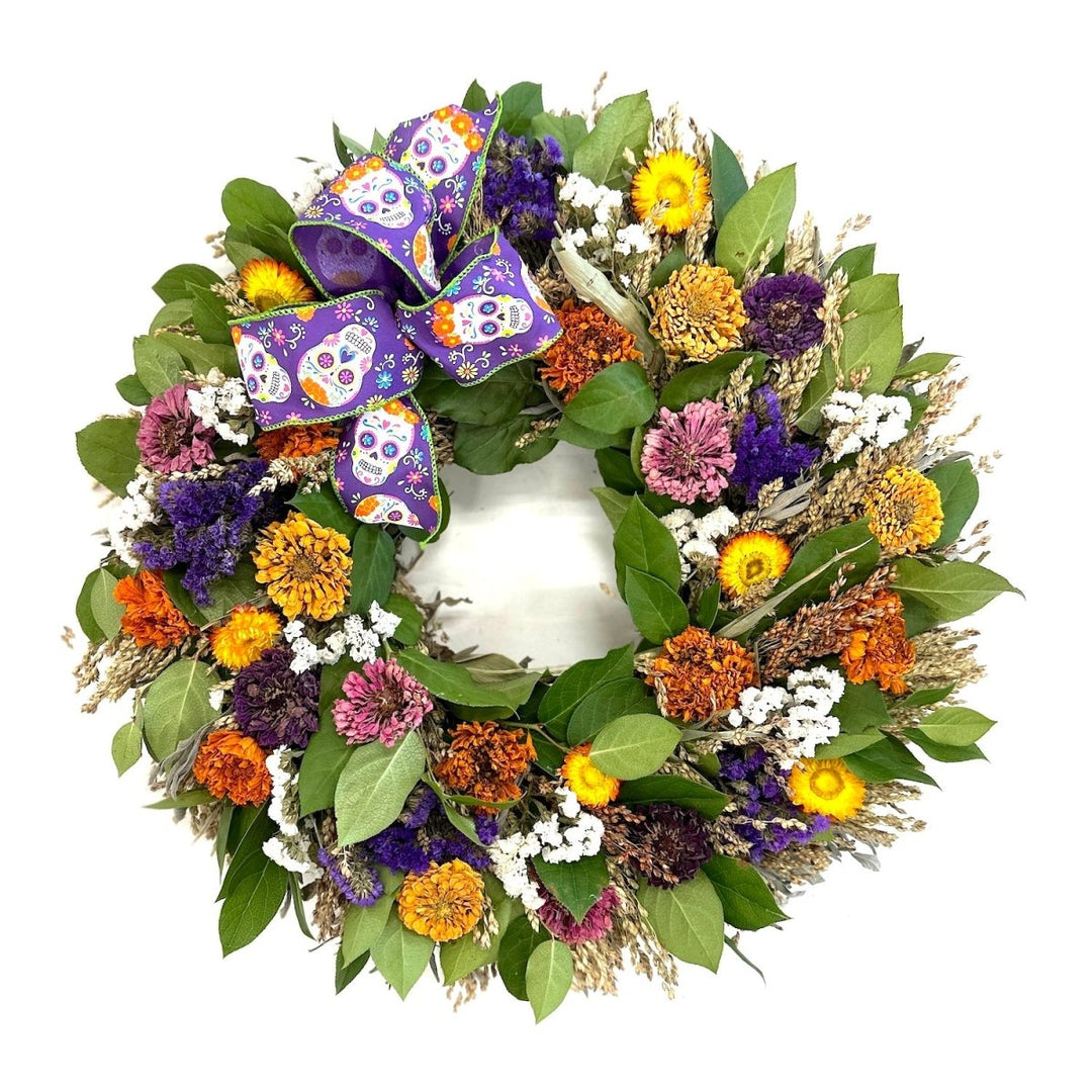 Day of the Dead Wreath - Creekside Farms Bold, bright and beautiful flowers made to honor the dead wreath 18" & 22"