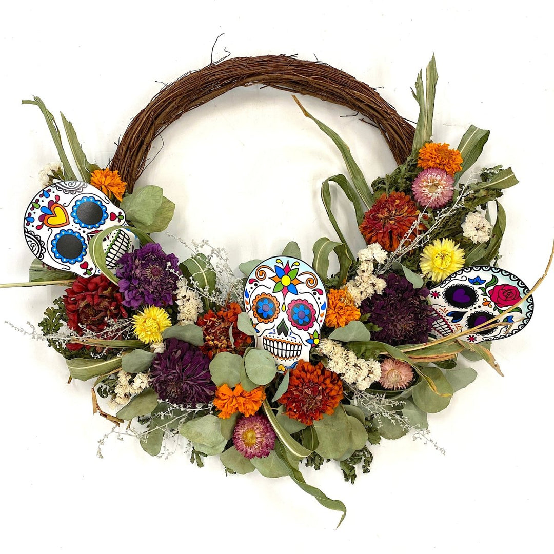 Día de los Muertos Wreath - Creekside Farms Colorful blend of marigolds and dried blooms, paper sugar skulls, and greenery wreath 18"