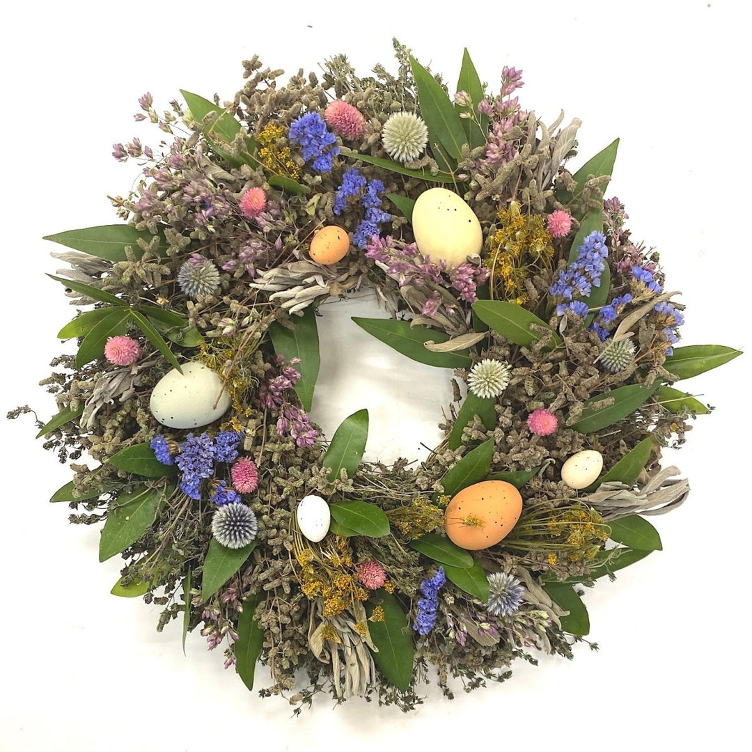 Easter Meadows Wreath - Creekside Farms Celebrate Easter with dried herbs and pretty flowers, sprinkled with realistic faux eggs 18"